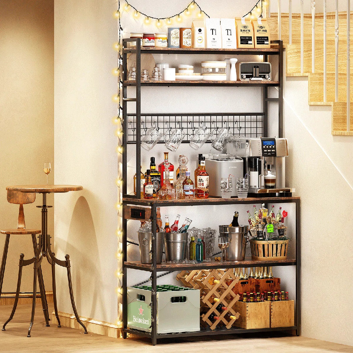 Kitchen Rack: 5-Tier Large Bakers Rack with Power Outlets, Coffee Bar Station Table, Microwave Oven Stand, and 10 S-Shaped Hooks in a Rustic Brown Baker