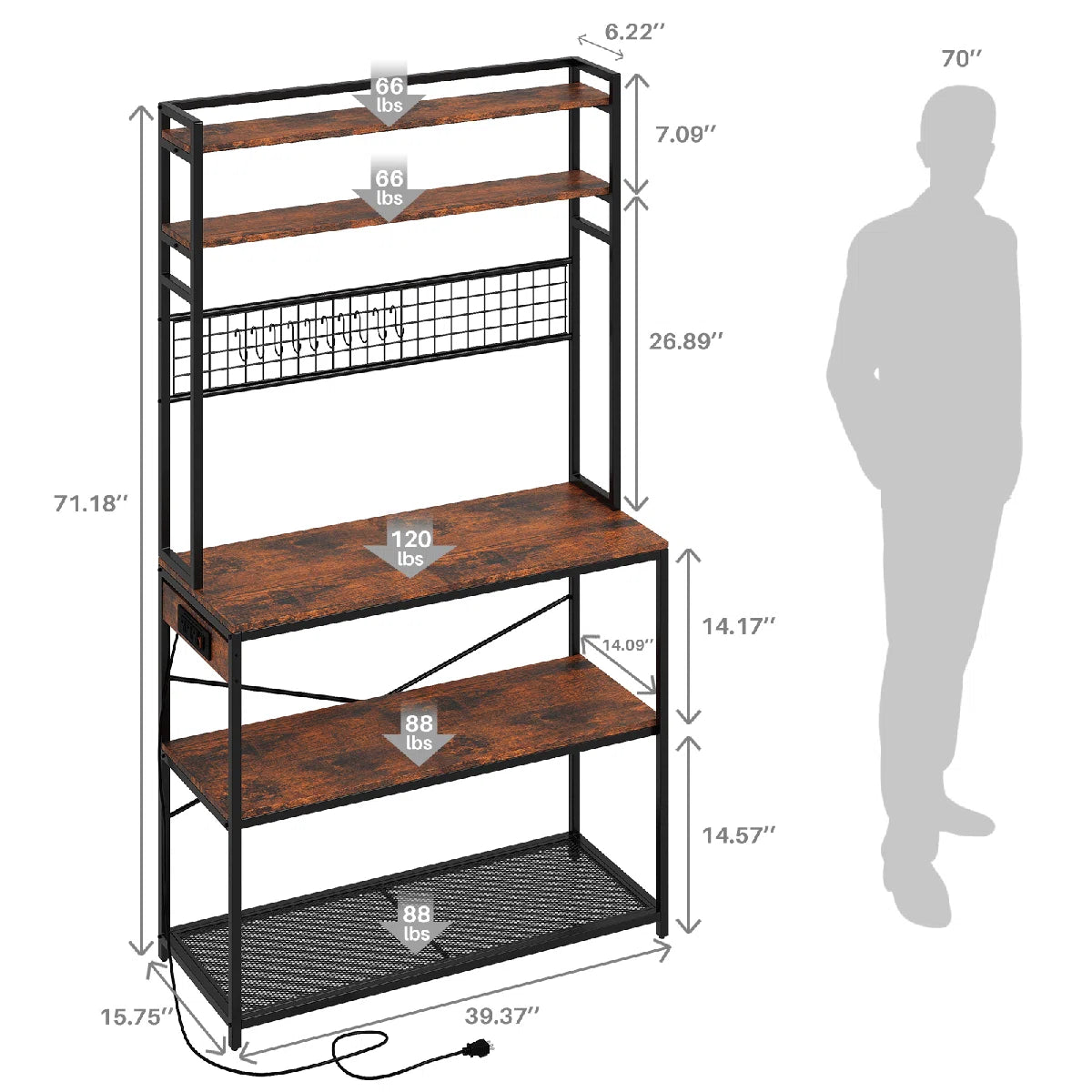 Kitchen Rack: 5-Tier Large Bakers Rack with Power Outlets, Coffee Bar Station Table, Microwave Oven Stand, and 10 S-Shaped Hooks in a Rustic Brown Baker