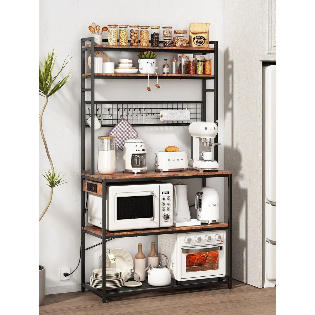 Kitchen Rack: 5-Tier Large Bakers Rack with Power Outlets, Coffee Bar Station Table, Microwave Oven Stand, and 10 S-Shaped Hooks in a Rustic Brown Baker