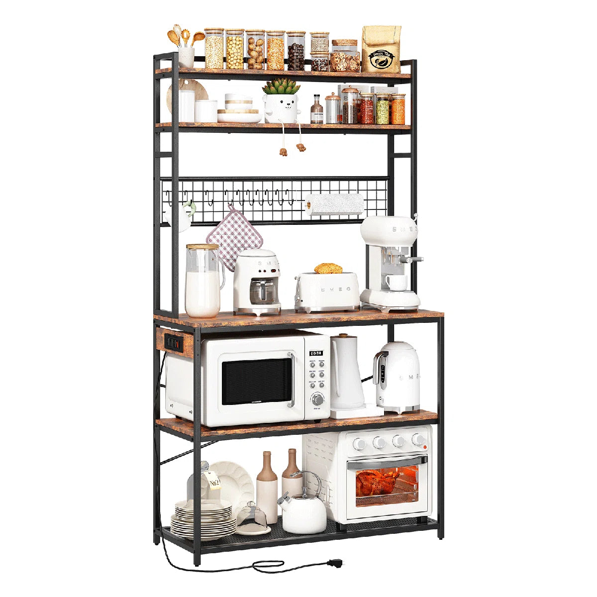 Kitchen Rack: 5-Tier Large Bakers Rack with Power Outlets, Coffee Bar Station Table, Microwave Oven Stand, and 10 S-Shaped Hooks in a Rustic Brown Baker