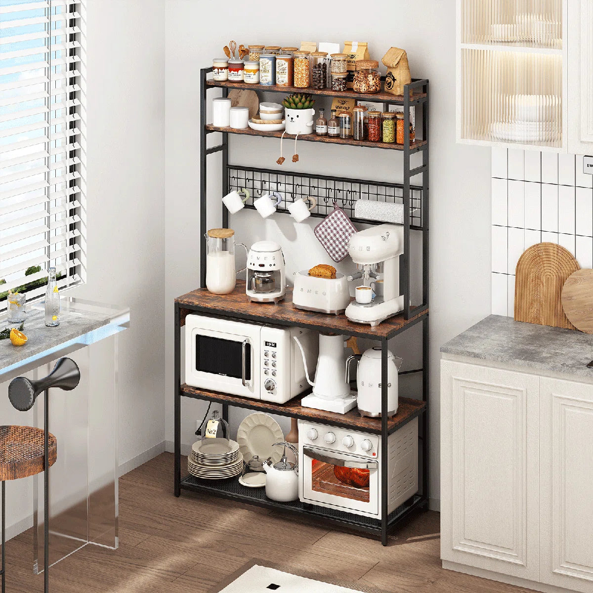 Kitchen Rack: 5-Tier Large Bakers Rack with Power Outlets, Coffee Bar Station Table, Microwave Oven Stand, and 10 S-Shaped Hooks in a Rustic Brown Baker