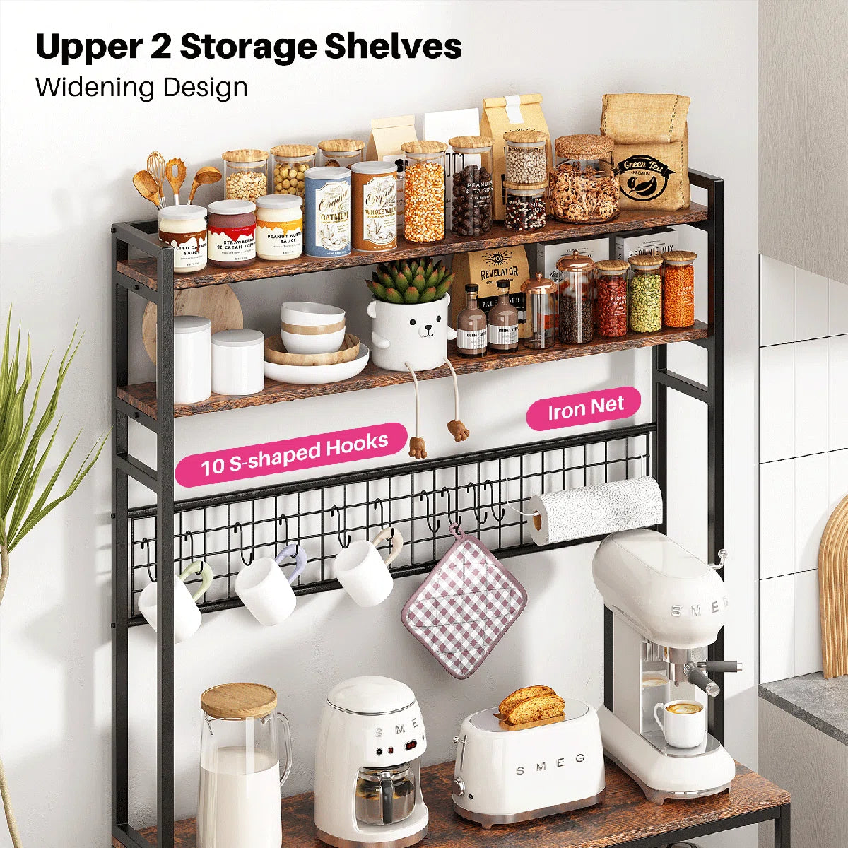 Kitchen Rack: 5-Tier Large Bakers Rack with Power Outlets, Coffee Bar Station Table, Microwave Oven Stand, and 10 S-Shaped Hooks in a Rustic Brown Baker