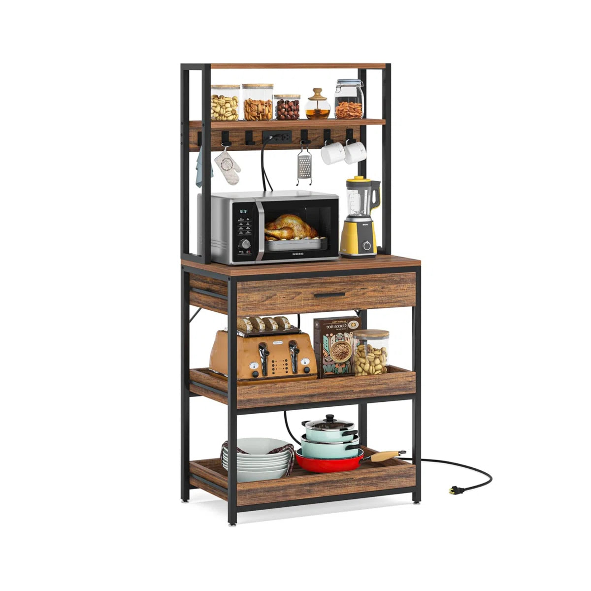Kitchen Rack: 5-Tier Microwave Oven Stand with Drawer and Sliding Shelves