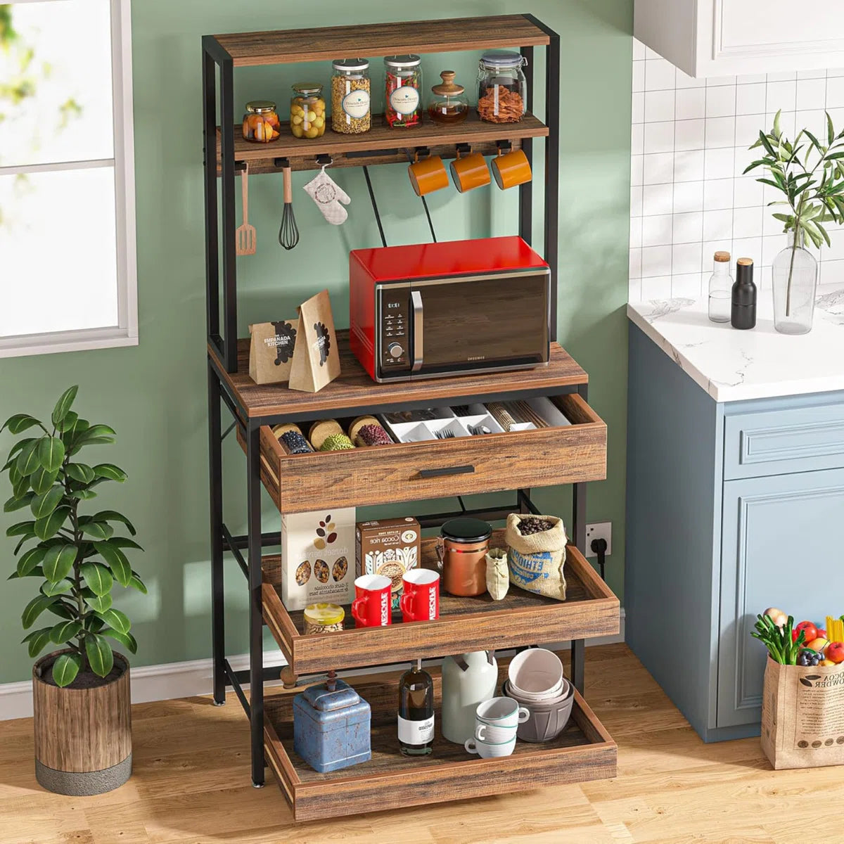 Kitchen Rack: 5-Tier Microwave Oven Stand with Drawer and Sliding Shelves