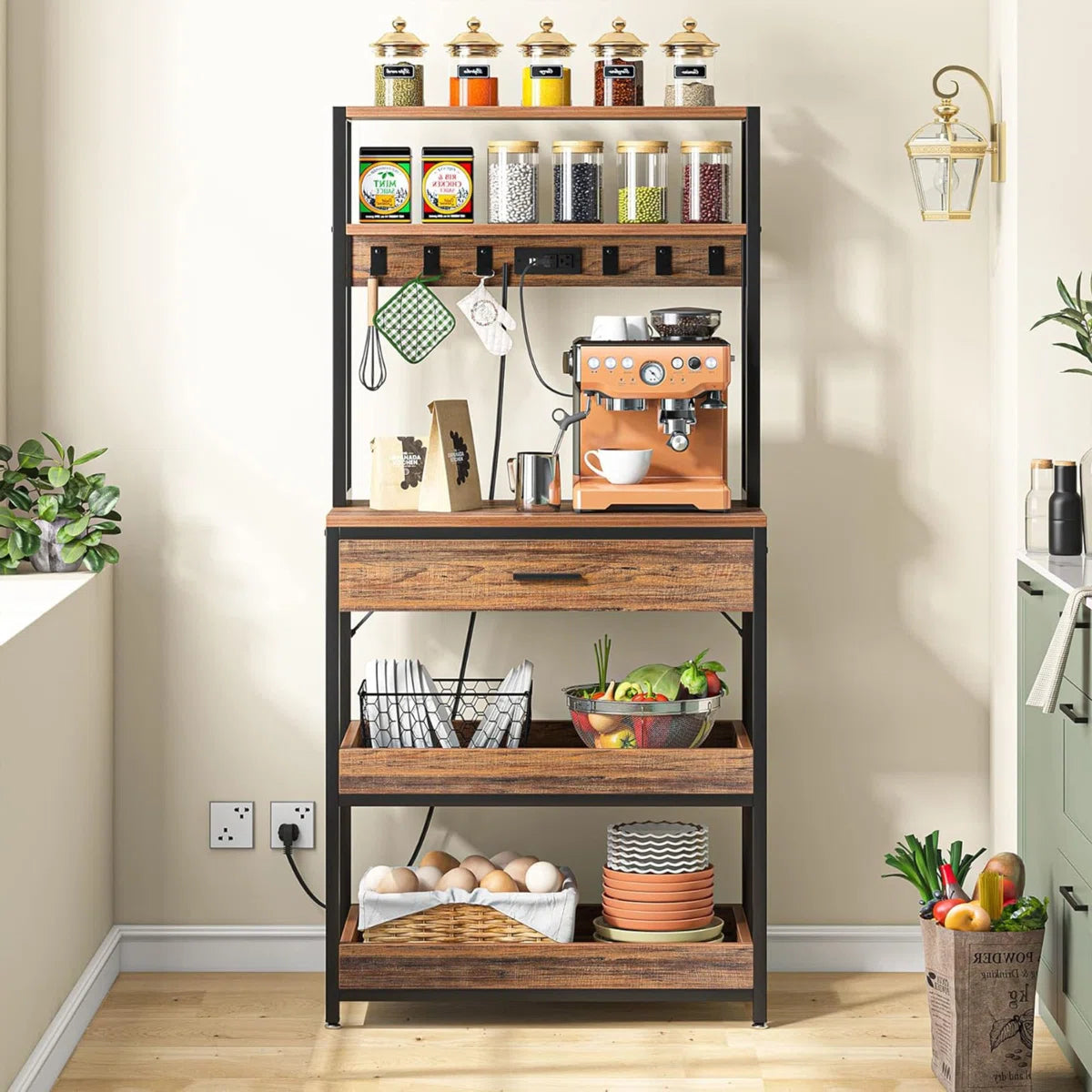 Kitchen Rack: 5-Tier Microwave Oven Stand with Drawer and Sliding Shelves