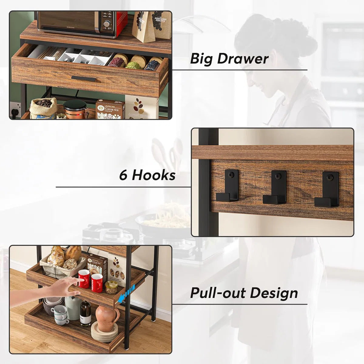 Kitchen Rack: 5-Tier Microwave Oven Stand with Drawer and Sliding Shelves