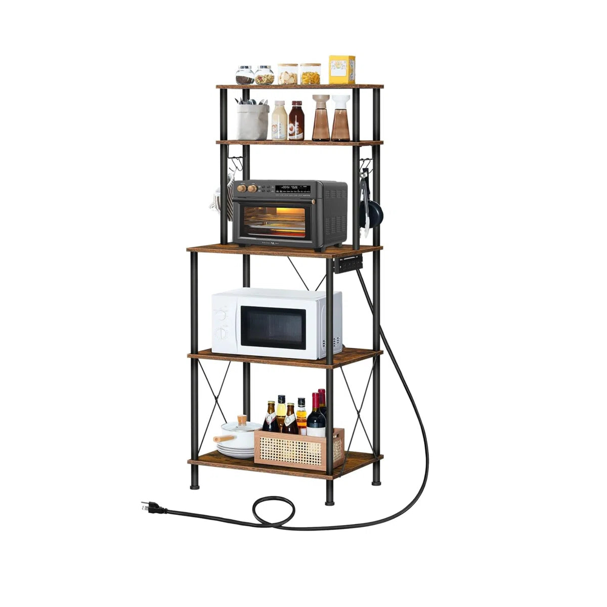 Kitchen Rack: 5-Tier Microwave Stand, Coffee Bar with S-Shaped Hooks