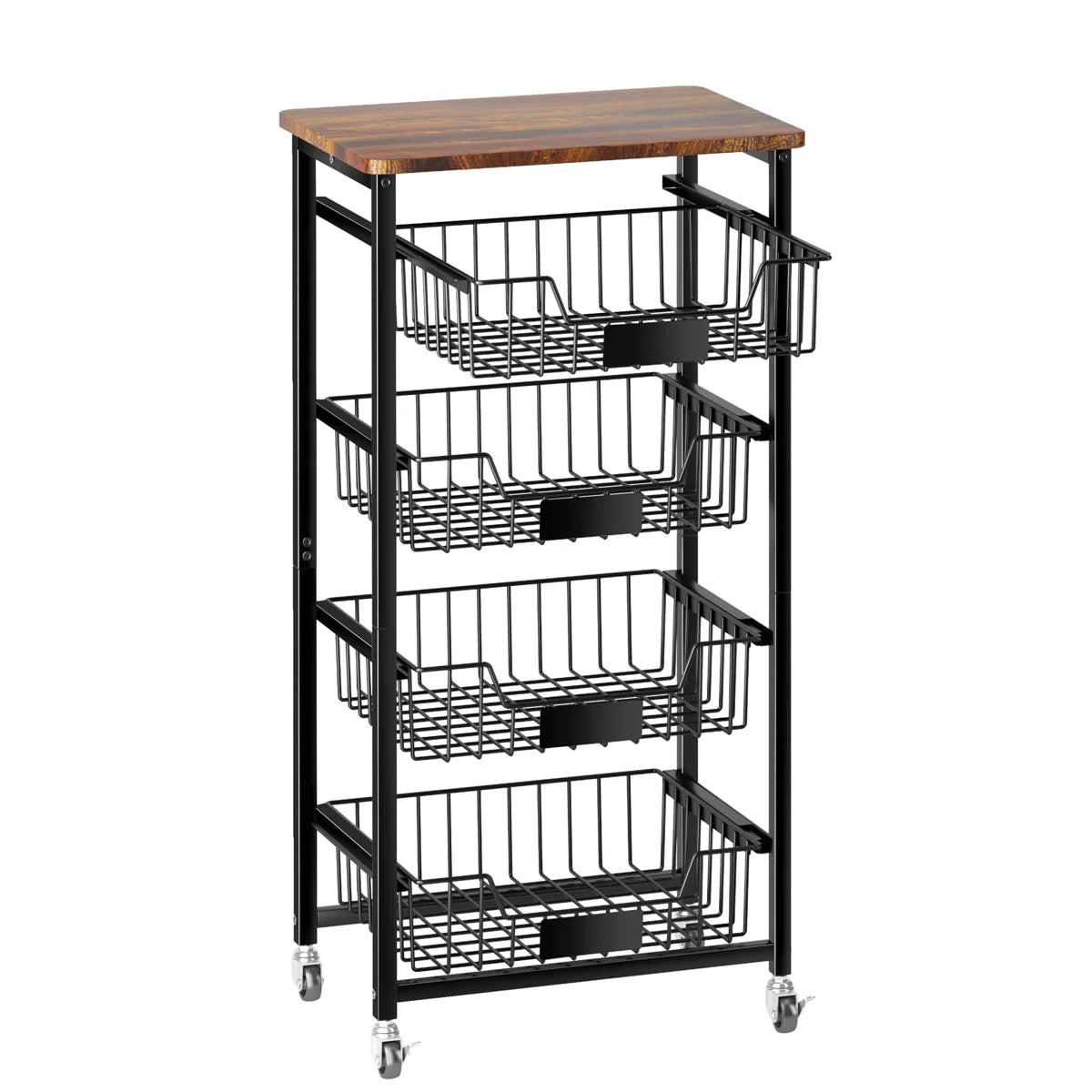 Kitchen Rack: 5-Tier Utility Kitchen Organizer and Storage Cart with Pull-Out Baskets and Wood Top