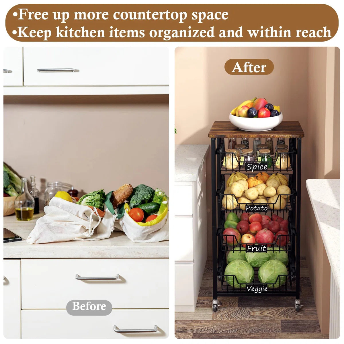 Kitchen Rack: 5-Tier Utility Kitchen Organizer and Storage Cart with Pull-Out Baskets and Wood Top