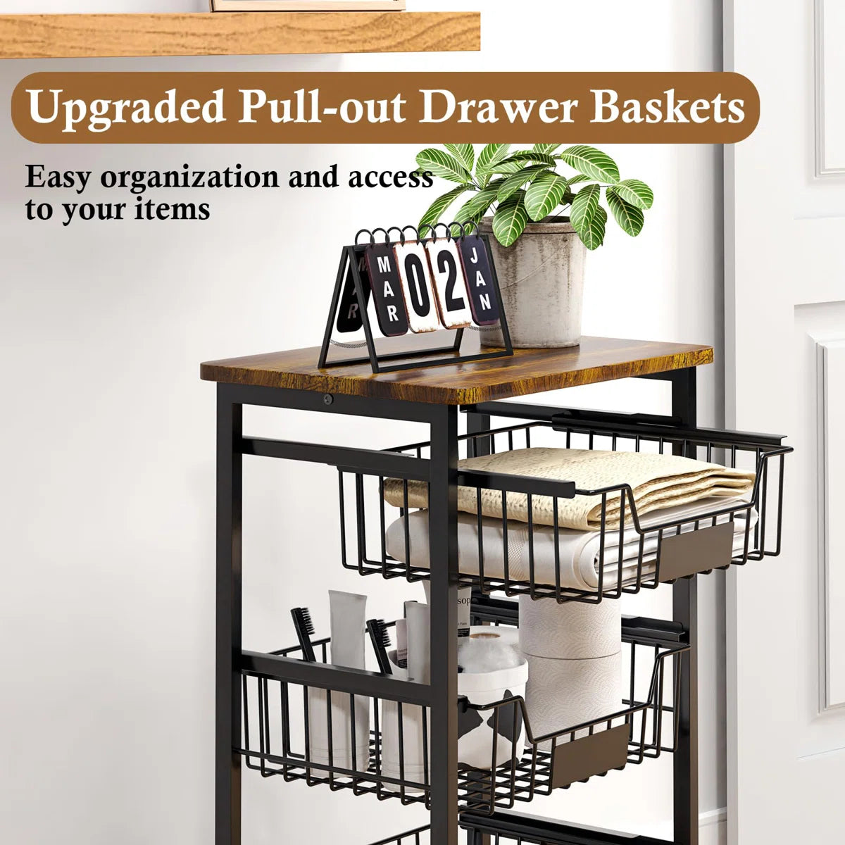 Kitchen Rack: 5-Tier Utility Kitchen Organizer and Storage Cart with Pull-Out Baskets and Wood Top
