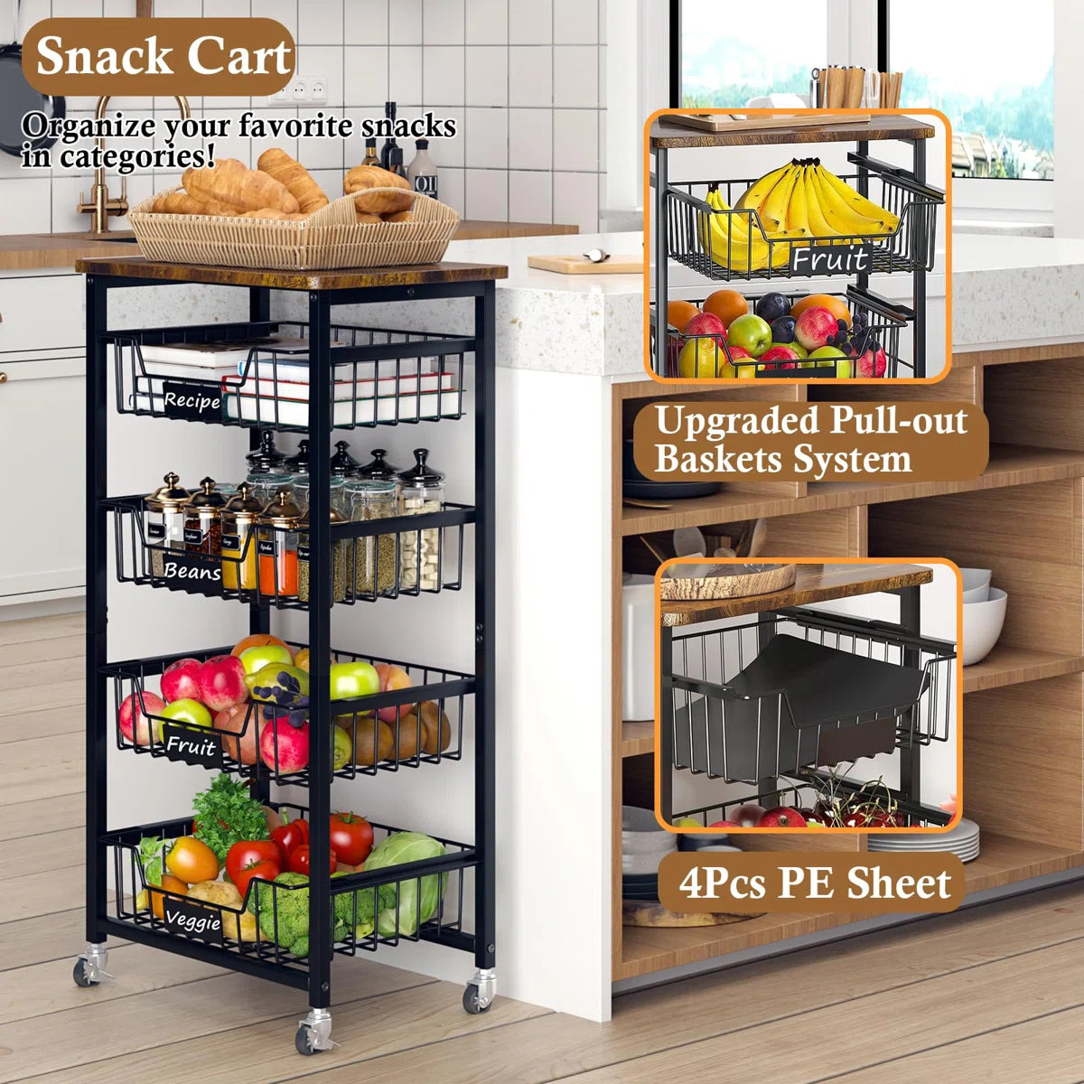 Kitchen Rack: 5-Tier Utility Kitchen Organizer and Storage Cart with Pull-Out Baskets and Wood Top