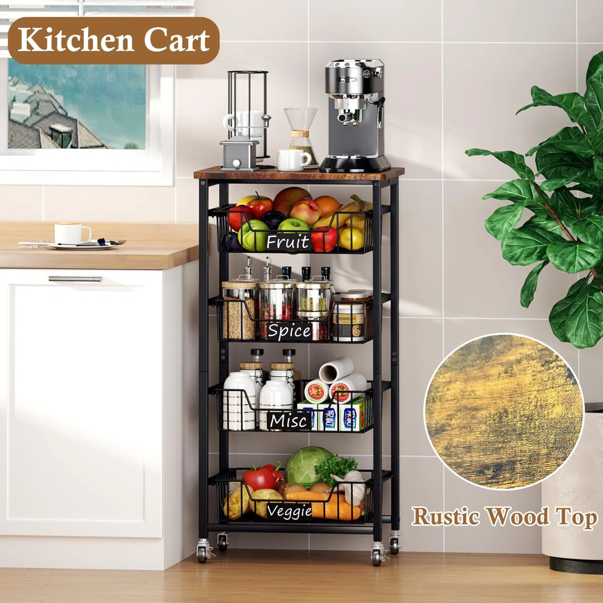 Kitchen Rack: 5-Tier Utility Kitchen Organizer and Storage Cart with Pull-Out Baskets and Wood Top