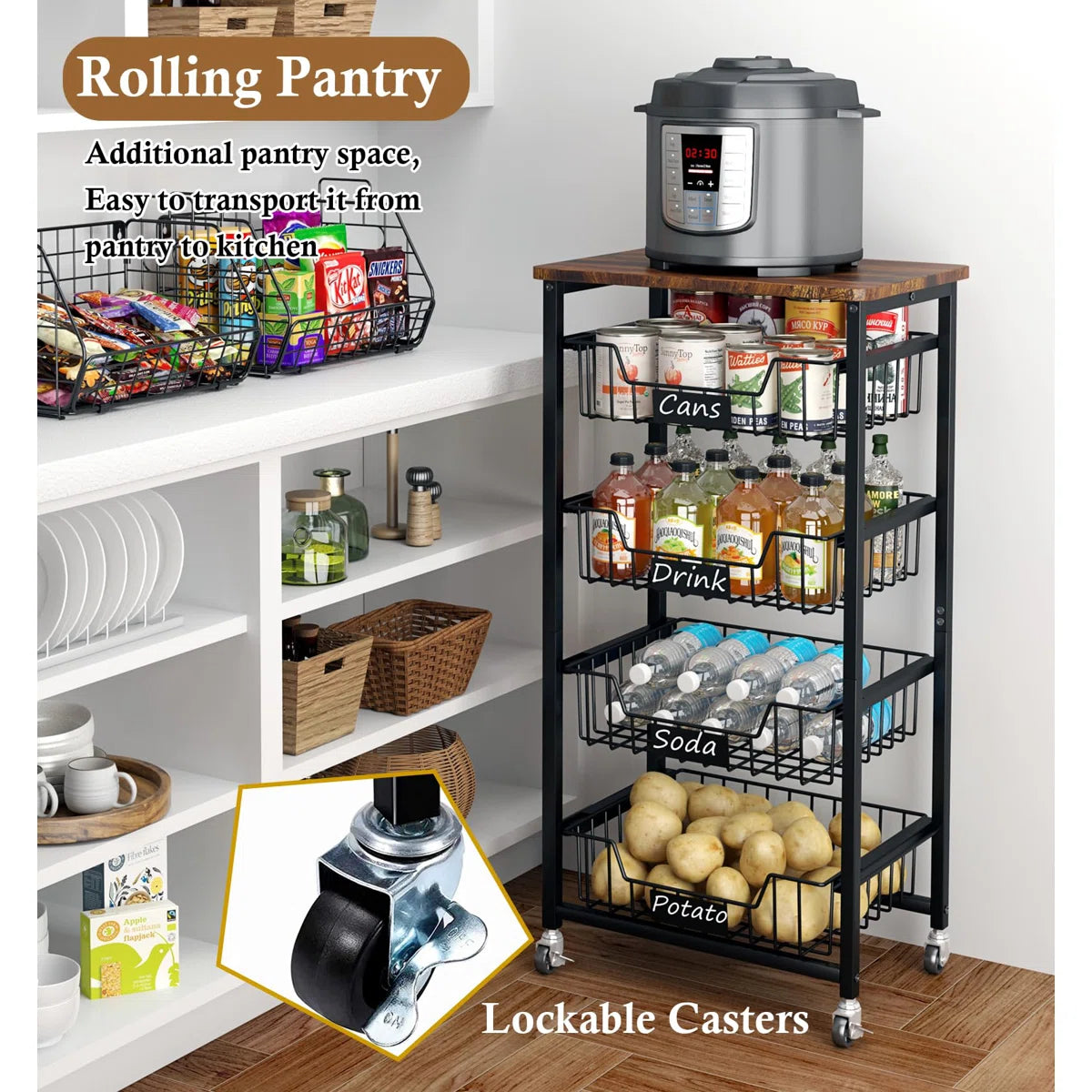 Kitchen Rack: 5-Tier Utility Kitchen Organizer and Storage Cart with Pull-Out Baskets and Wood Top