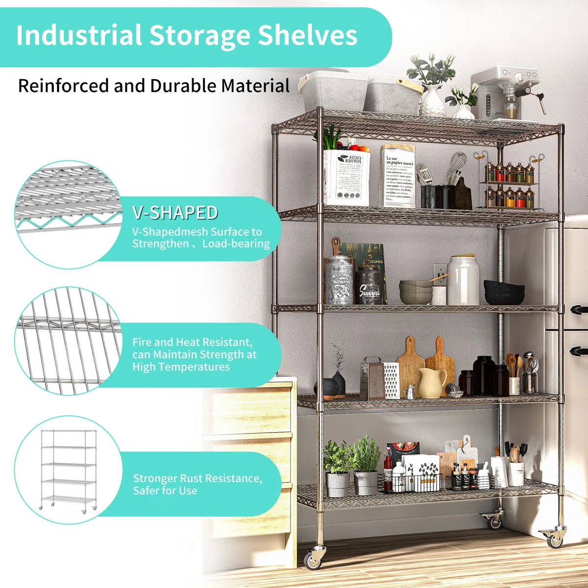 Kitchen Rack: 5-Tier Wheel Metal Wire Shelving Unit with Durable, Adjustable, and Heavy-Duty