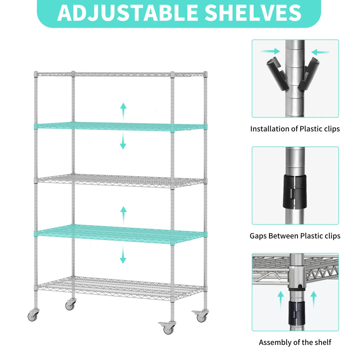 Kitchen Rack: 5-Tier Wheel Metal Wire Shelving Unit with Durable, Adjustable, and Heavy-Duty