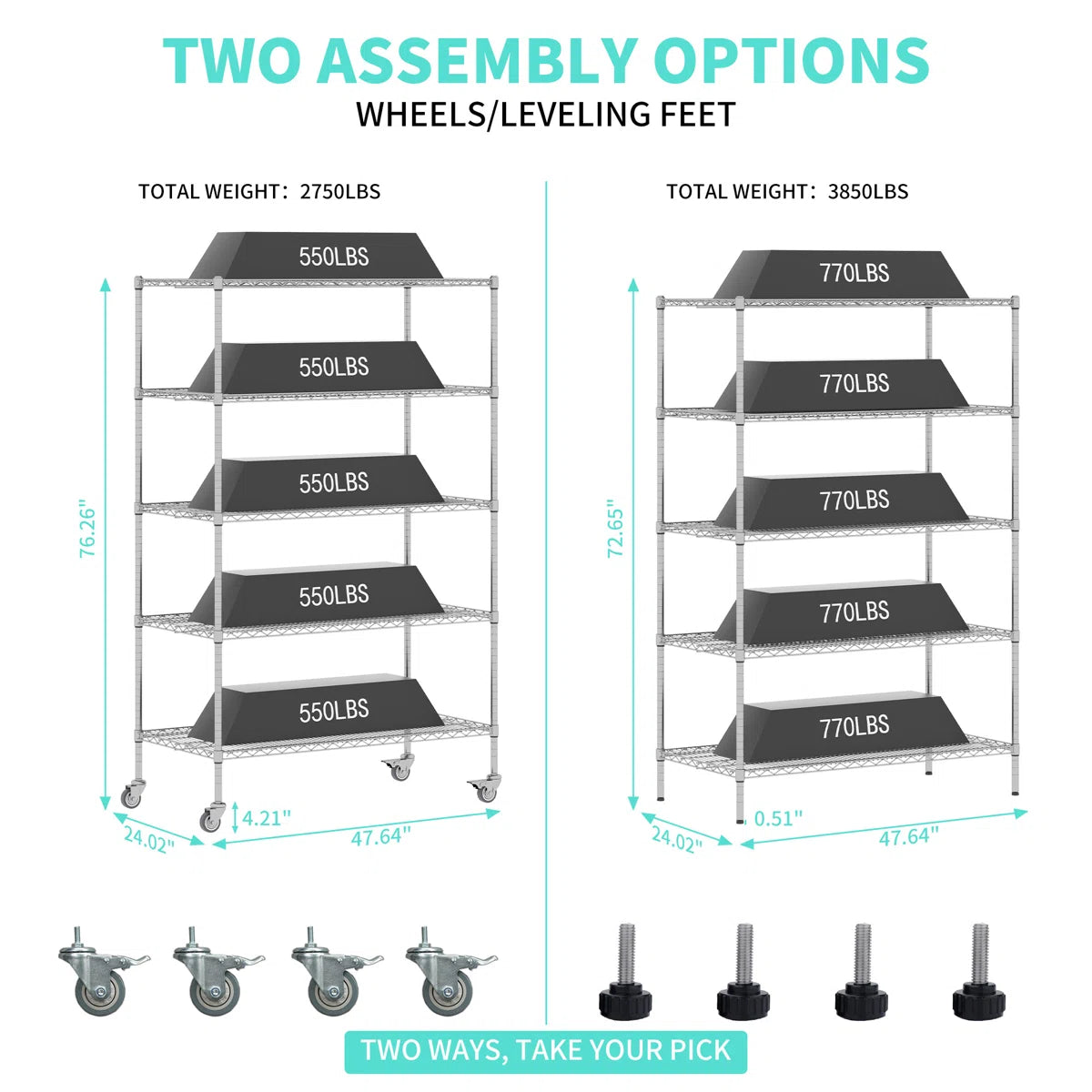 Kitchen Rack: 5-Tier Wheel Metal Wire Shelving Unit with Durable, Adjustable, and Heavy-Duty
