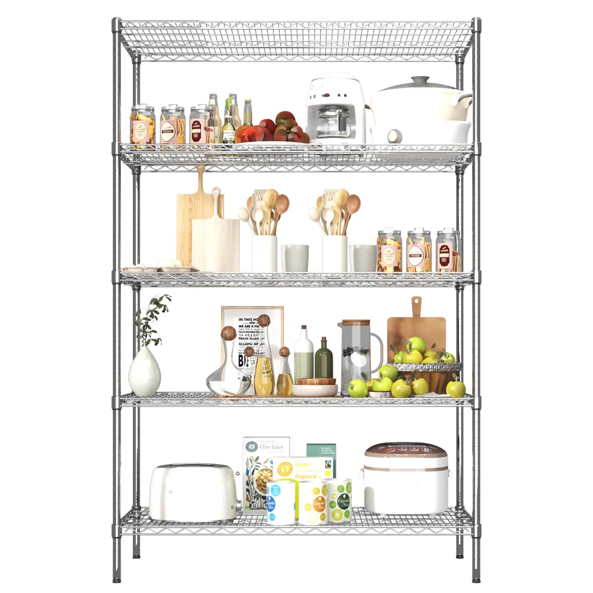 Kitchen Rack: 5-Tier Wheel Metal Wire Shelving Unit with Durable, Adjustable, and Heavy-Duty