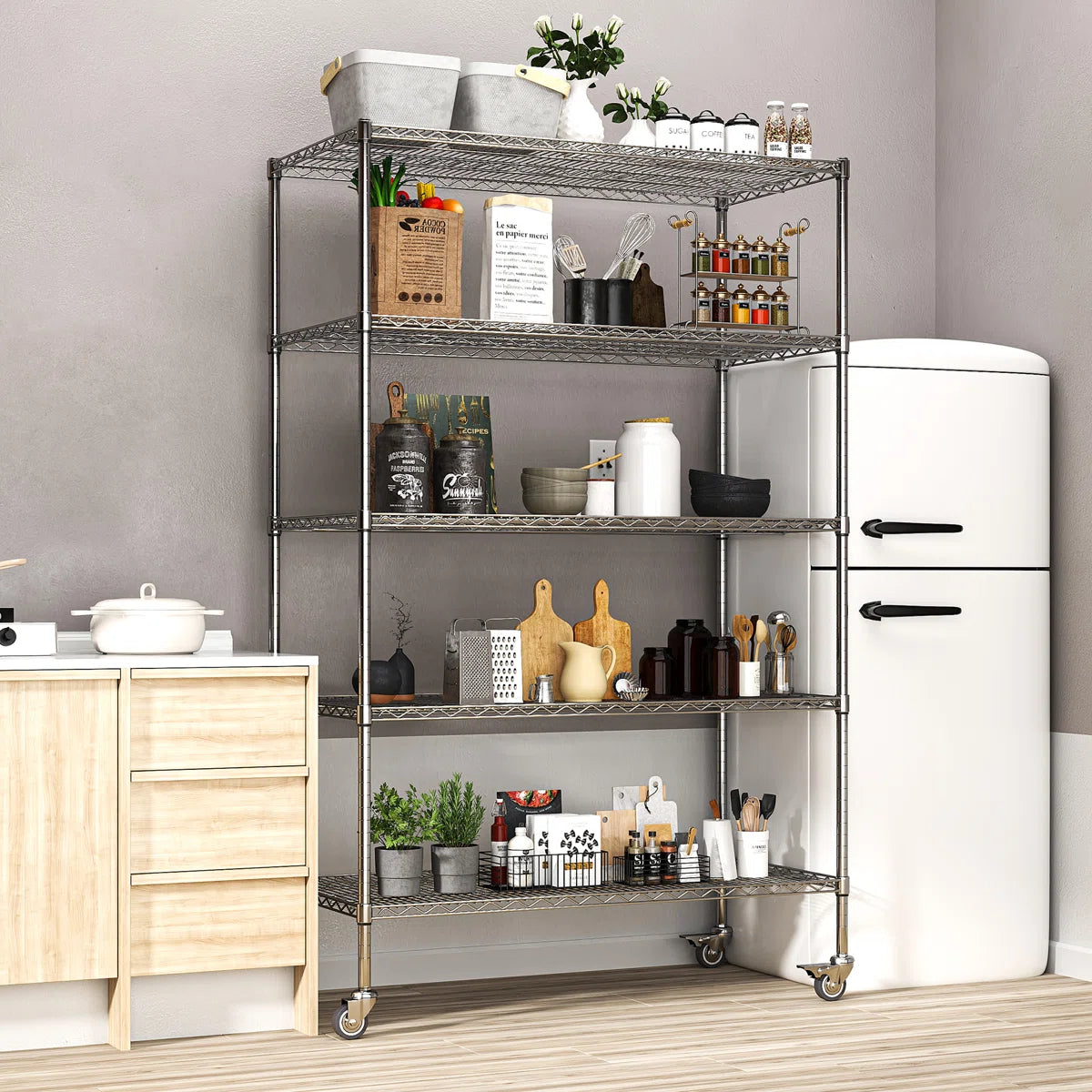 Kitchen Rack: 5-Tier Wheel Metal Wire Shelving Unit with Durable, Adjustable, and Heavy-Duty