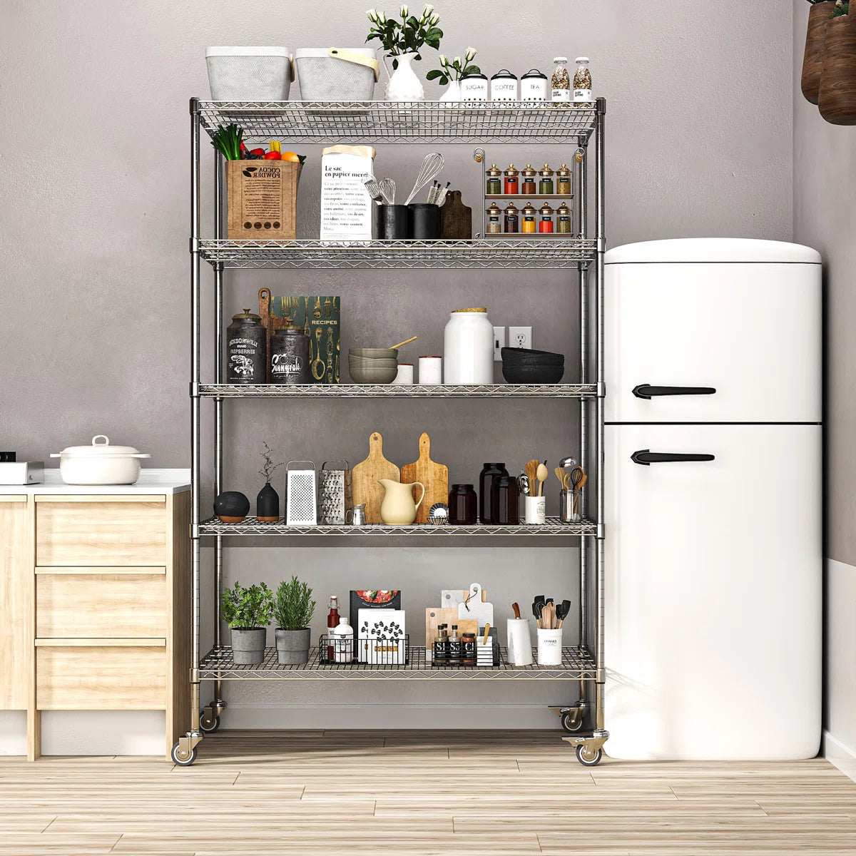 Kitchen Rack: 5-Tier Wheel Metal Wire Shelving Unit with Durable, Adjustable, and Heavy-Duty