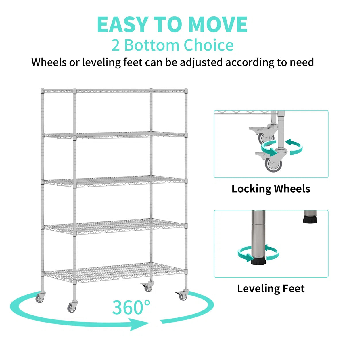 Kitchen Rack: 5-Tier Wheel Metal Wire Shelving Unit with Durable, Adjustable, and Heavy-Duty