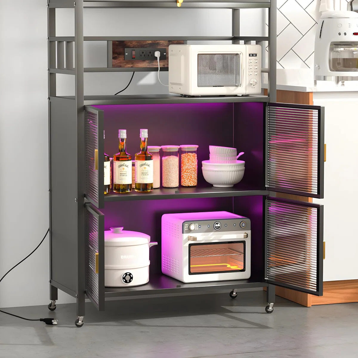 Kitchen Racks: 5-Tier Baker's Rack with Rolling Wheels and Four Hooks, Microwave Stand, Bread Rack, Coffee Stand, and Power Outlet