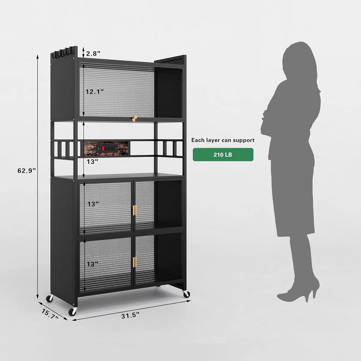 Kitchen Racks: 5-Tier Baker's Rack with Rolling Wheels and Four Hooks, Microwave Stand, Bread Rack, Coffee Stand, and Power Outlet