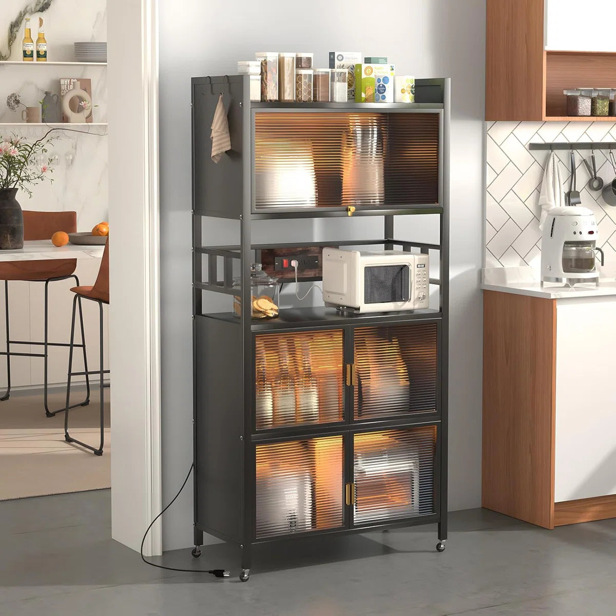 Kitchen Racks: 5-Tier Baker's Rack with Rolling Wheels and Four Hooks, Microwave Stand, Bread Rack, Coffee Stand, and Power Outlet