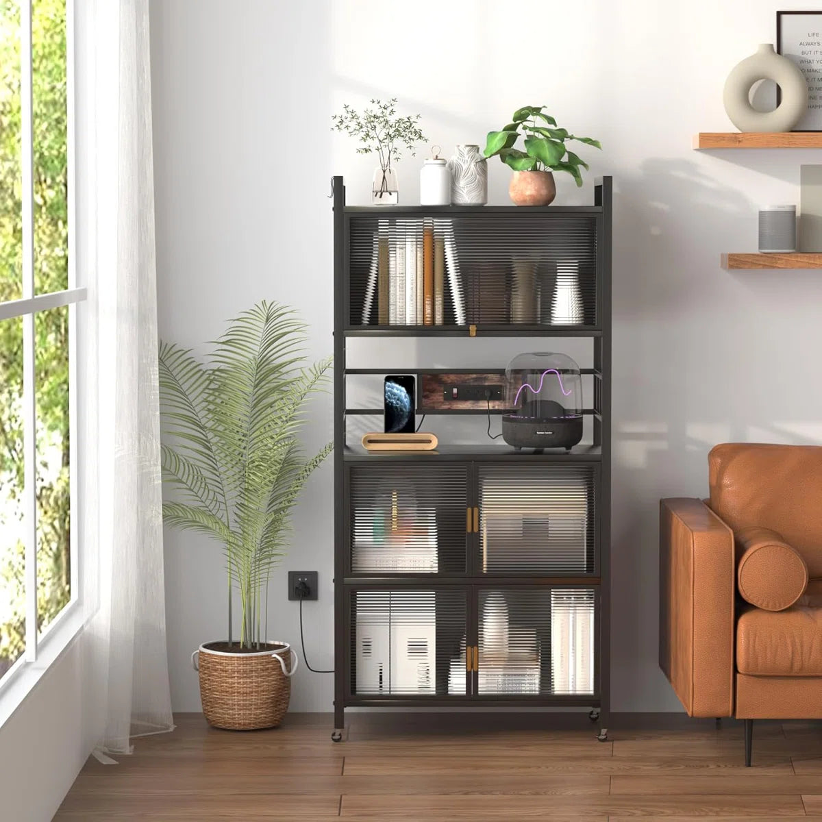 Kitchen Racks: 5-Tier Baker's Rack with Rolling Wheels and Four Hooks, Microwave Stand, Bread Rack, Coffee Stand, and Power Outlet