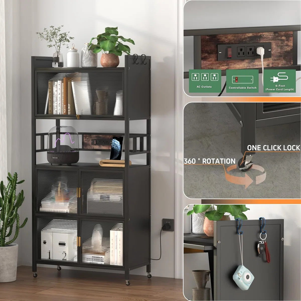 Kitchen Racks: 5-Tier Baker's Rack with Rolling Wheels and Four Hooks, Microwave Stand, Bread Rack, Coffee Stand, and Power Outlet