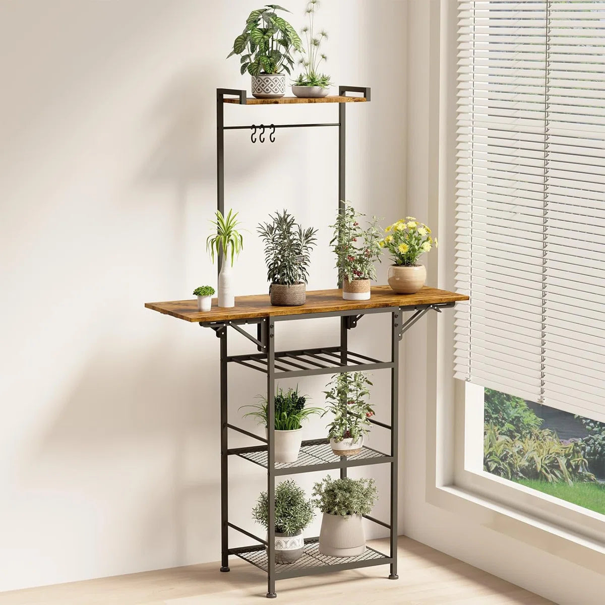 Kitchen Racks: 5-Tier Coffee Stand Station in a Corner with Two Foldable Shelves and Storage, Baker's Rack for Compact Areas