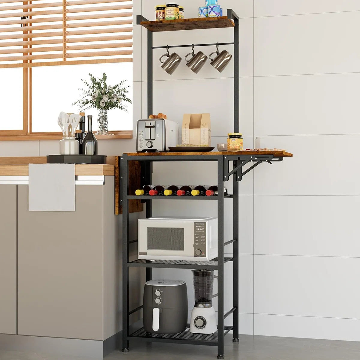 Kitchen Racks: 5-Tier Coffee Stand Station in a Corner with Two Foldable Shelves and Storage, Baker's Rack for Compact Areas