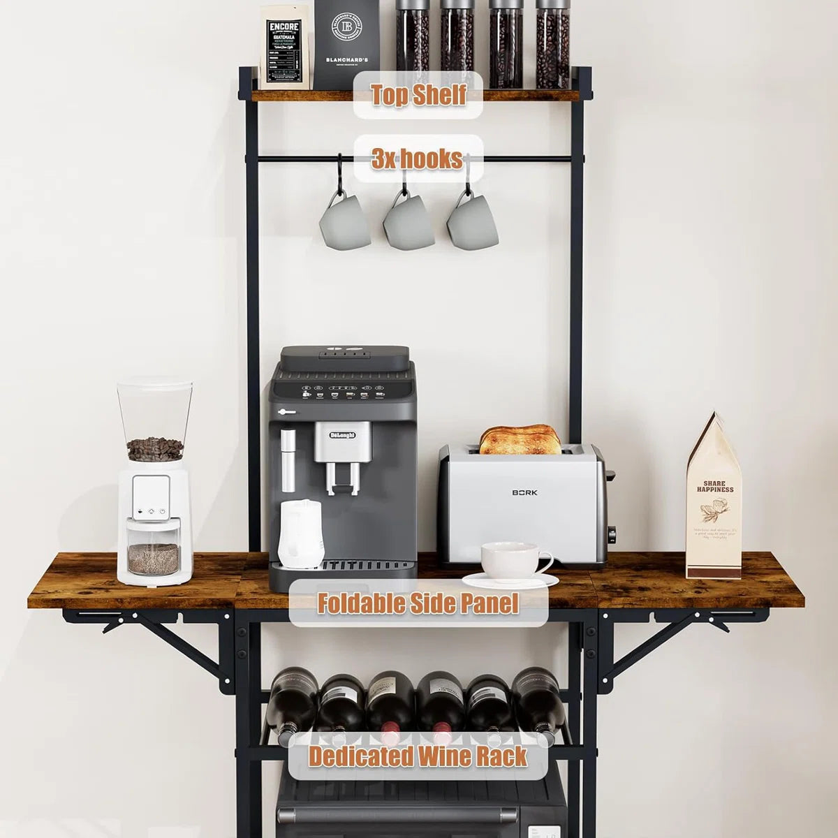 Kitchen Racks: 5-Tier Coffee Stand Station in a Corner with Two Foldable Shelves and Storage, Baker's Rack for Compact Areas