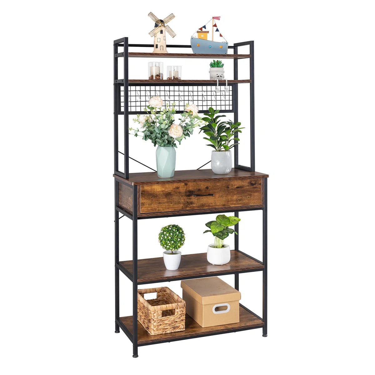 Kitchen Racks: 5-tier kitchen baker's rack with drawer, 10 hooks, and microwave stand Free Standing Kitchen Utility Cart Storage Shelf Organizer