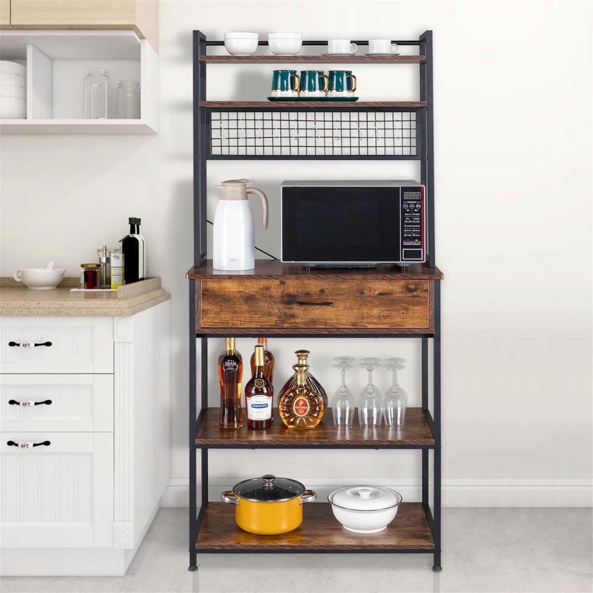 Kitchen Racks: 5-tier kitchen baker's rack with drawer, 10 hooks, and microwave stand Free Standing Kitchen Utility Cart Storage Shelf Organizer