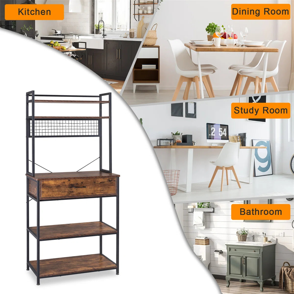 Kitchen Racks: 5-tier kitchen baker's rack with drawer, 10 hooks, and microwave stand Free Standing Kitchen Utility Cart Storage Shelf Organizer