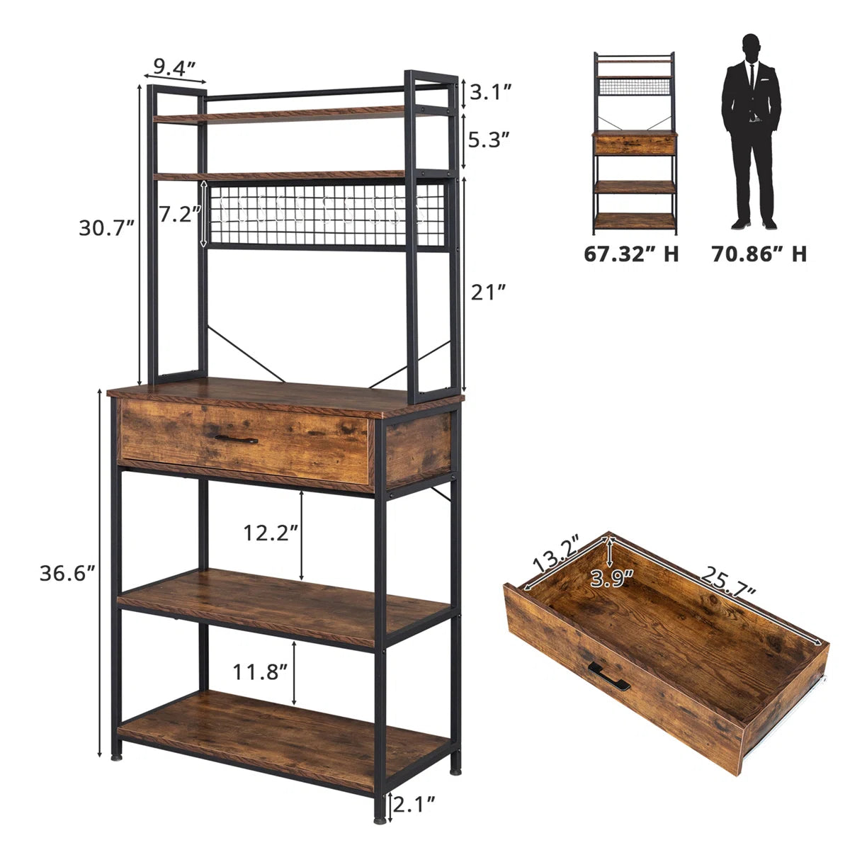 Kitchen Racks: 5-tier kitchen baker's rack with drawer, 10 hooks, and microwave stand Free Standing Kitchen Utility Cart Storage Shelf Organizer