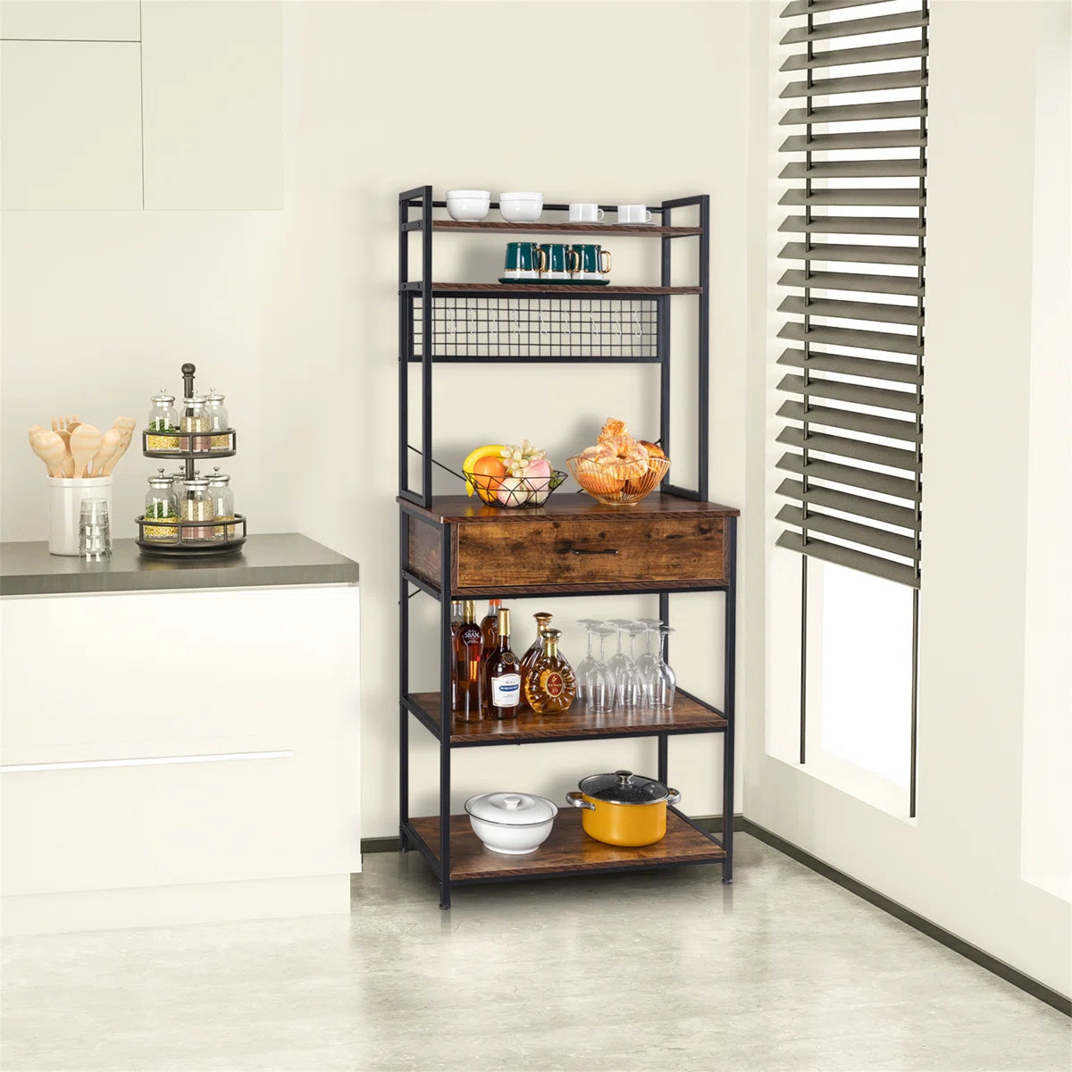 Kitchen Racks: 5-tier kitchen baker's rack with drawer, 10 hooks, and microwave stand Free Standing Kitchen Utility Cart Storage Shelf Organizer