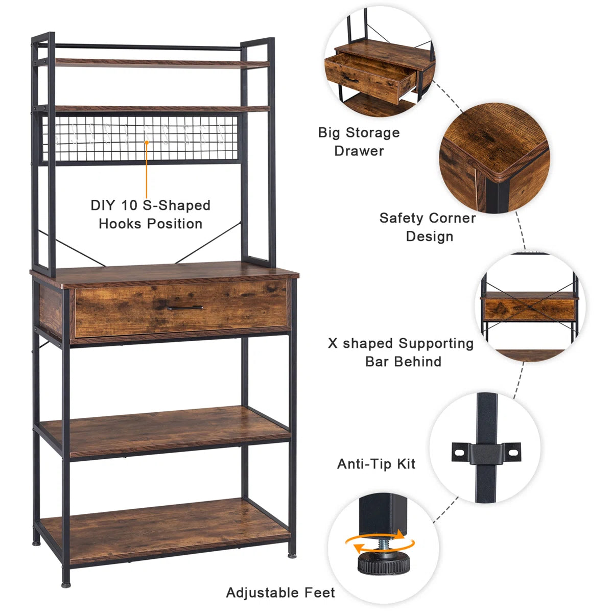 Kitchen Racks: 5-tier kitchen baker's rack with drawer, 10 hooks, and microwave stand Free Standing Kitchen Utility Cart Storage Shelf Organizer