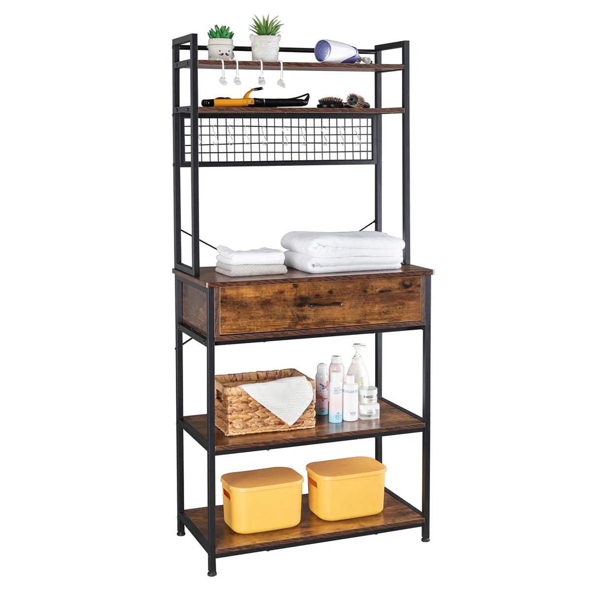 Kitchen Racks: 5-tier kitchen baker's rack with drawer, 10 hooks, and microwave stand Free Standing Kitchen Utility Cart Storage Shelf Organizer