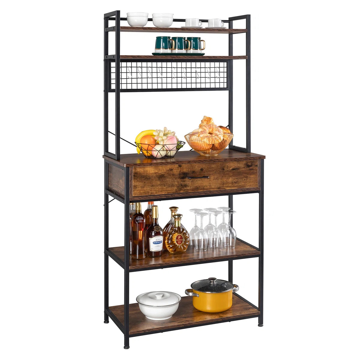 Kitchen Racks: 5-tier kitchen baker's rack with drawer, 10 hooks, and microwave stand Free Standing Kitchen Utility Cart Storage Shelf Organizer