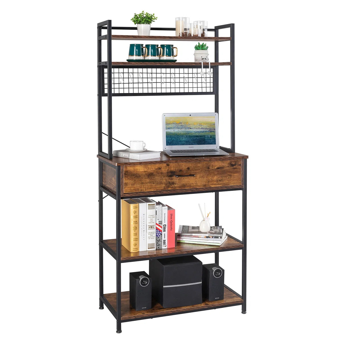 Kitchen Racks: 5-tier kitchen baker's rack with drawer, 10 hooks, and microwave stand Free Standing Kitchen Utility Cart Storage Shelf Organizer