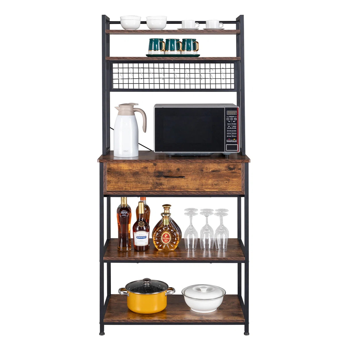 Kitchen Racks: 5-tier kitchen baker's rack with drawer, 10 hooks, and microwave stand Free Standing Kitchen Utility Cart Storage Shelf Organizer