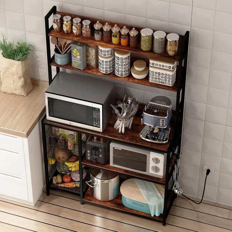 Kitchen Racks: 5-Tier An antique kitchen storage shelf featuring baskets and a power outlet, complete with a microwave stand rack and hooks