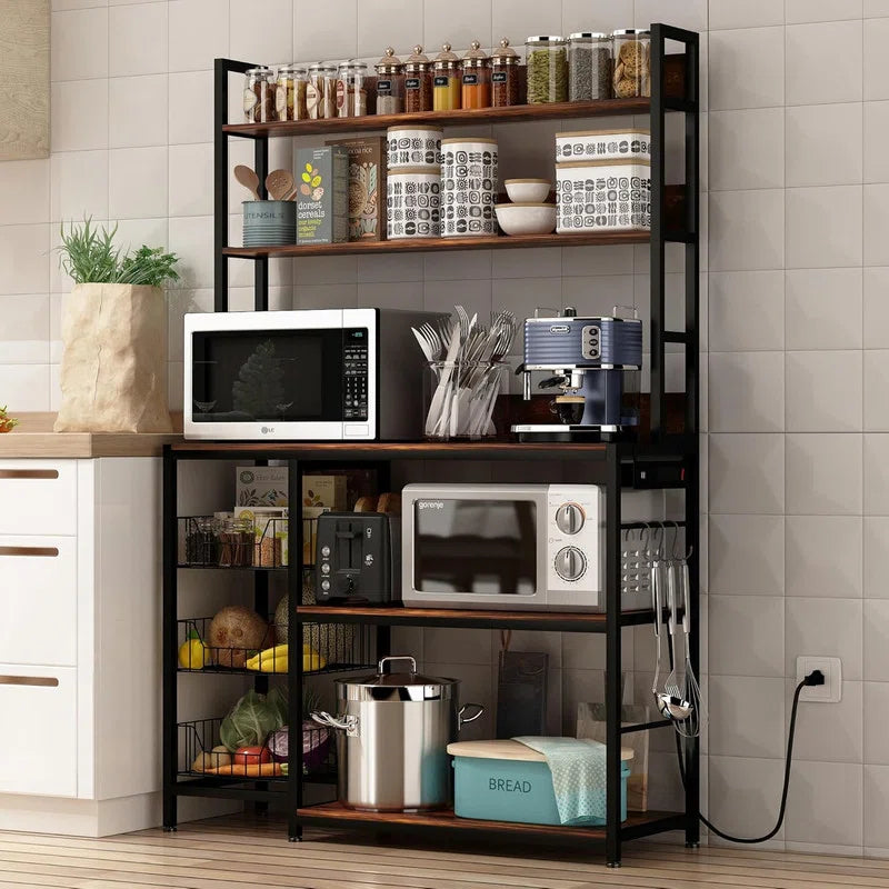 Kitchen Racks: 5-Tier An antique kitchen storage shelf featuring baskets and a power outlet, complete with a microwave stand rack and hooks