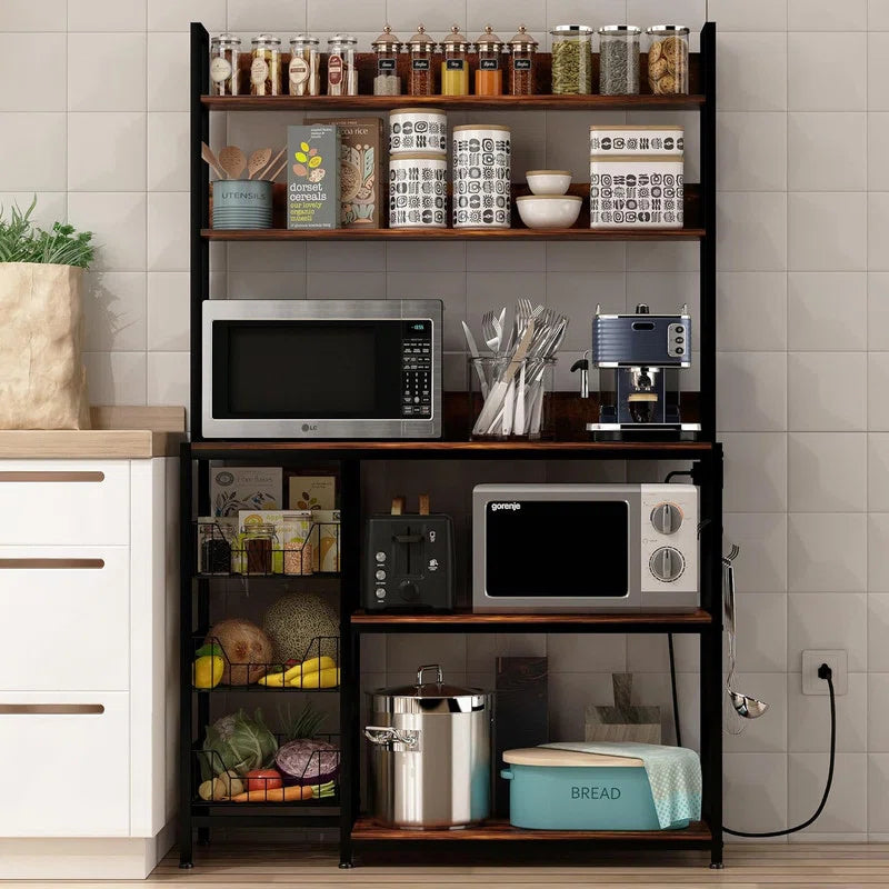 Kitchen Racks: 5-Tier An antique kitchen storage shelf featuring baskets and a power outlet, complete with a microwave stand rack and hooks