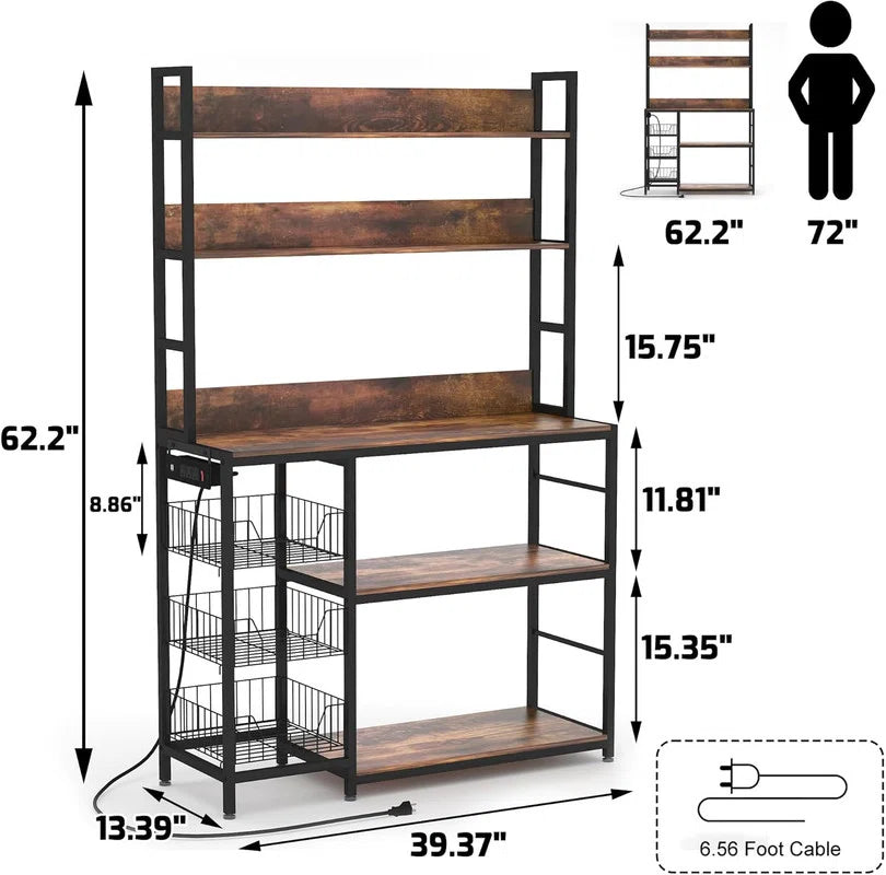 Kitchen Racks: 5-Tier An antique kitchen storage shelf featuring baskets and a power outlet, complete with a microwave stand rack and hooks