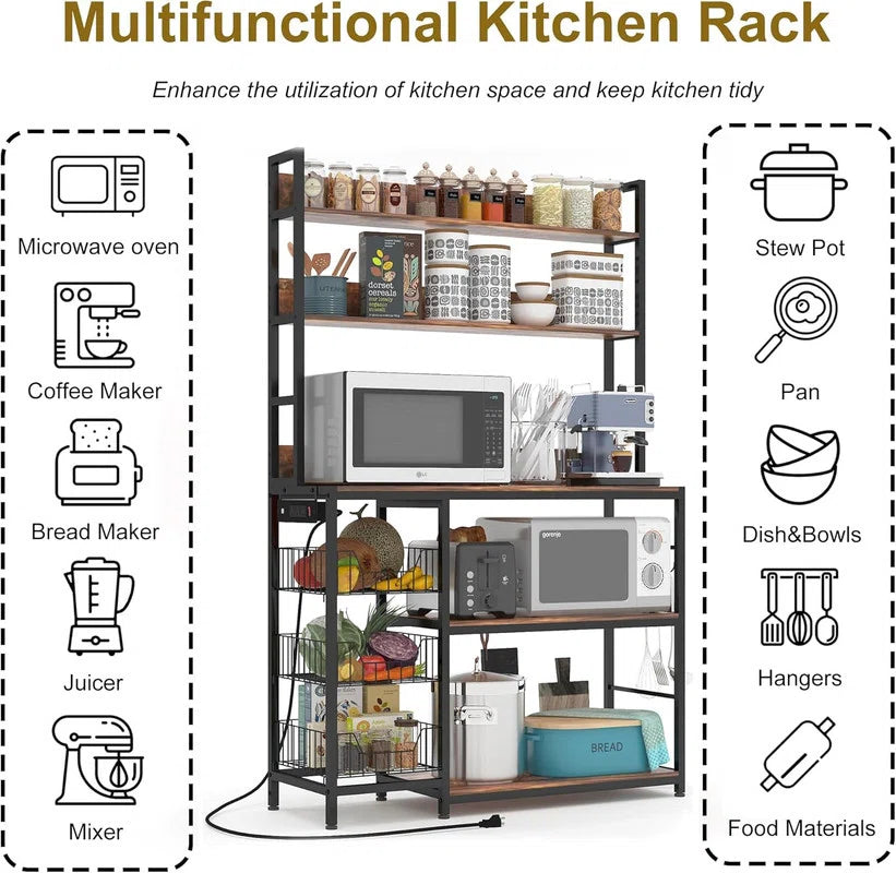 Kitchen Racks: 5-Tier An antique kitchen storage shelf featuring baskets and a power outlet, complete with a microwave stand rack and hooks