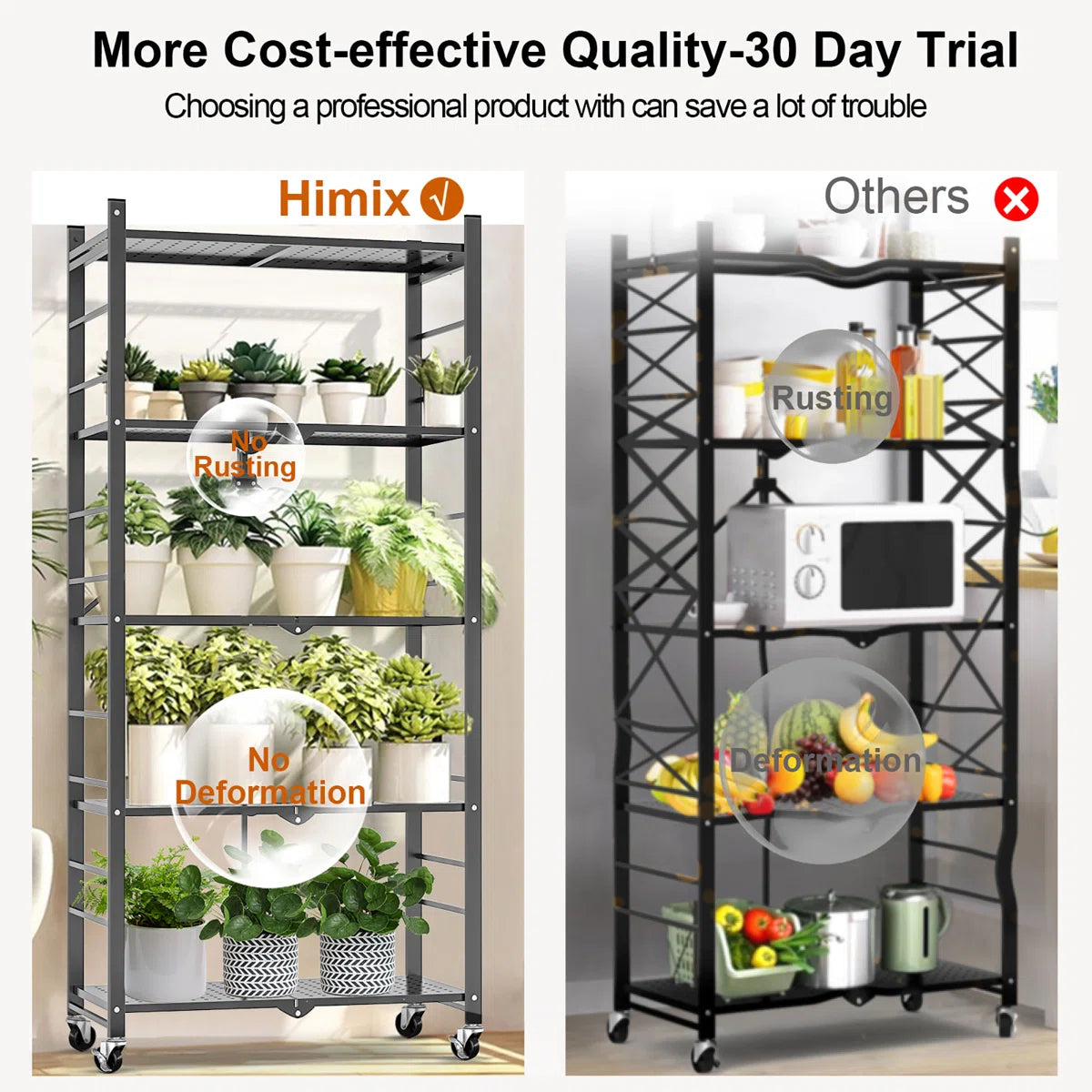 Kitchen Rack: 5-tier Collapsible Organization Storage Shelves with 20 Hooks Bookshelf Rack with Folding Pantry Shelves Cube Shelf Wire Shelving for Garage Kitchen Room
