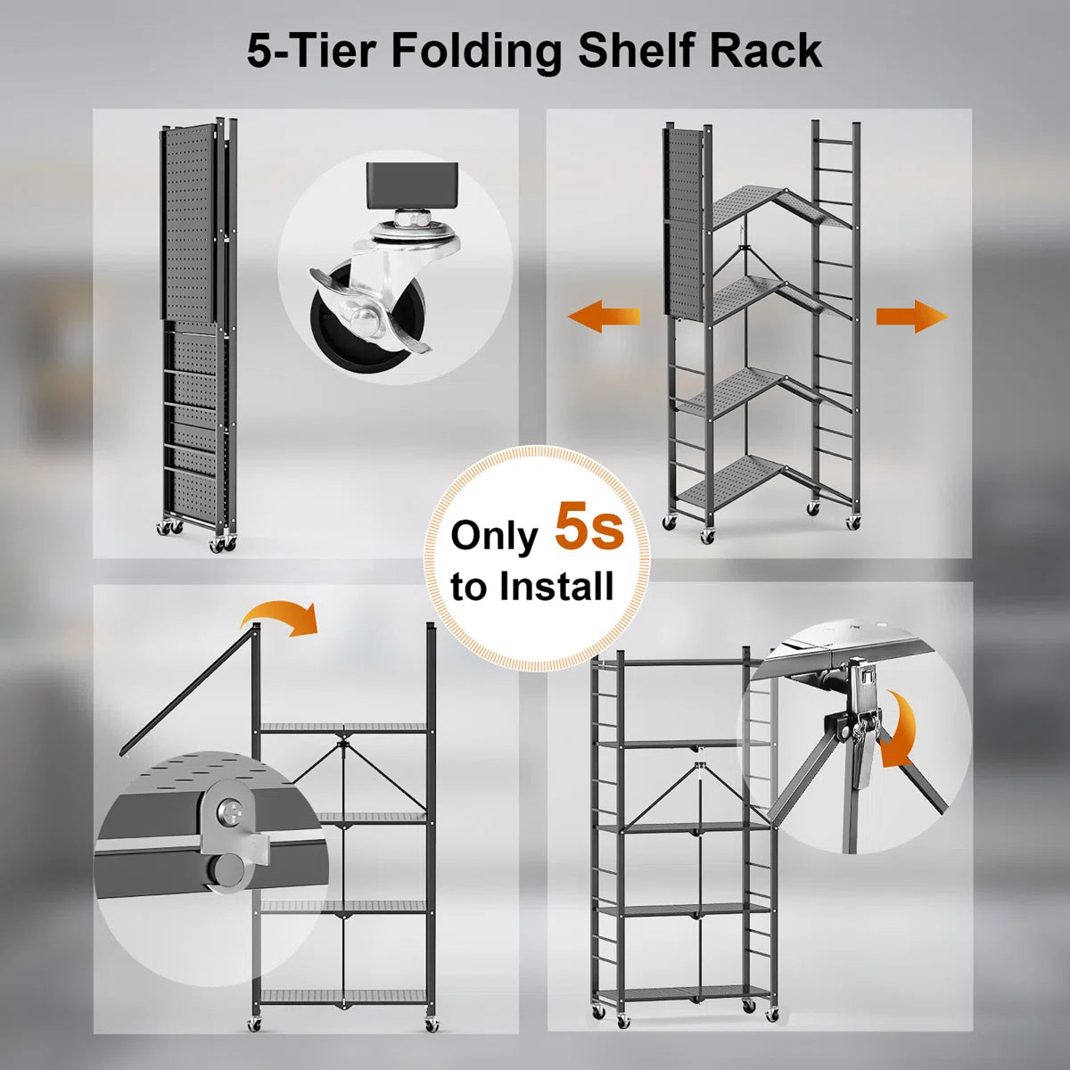 Kitchen Rack: 5-tier Collapsible Organization Storage Shelves with 20 Hooks Bookshelf Rack with Folding Pantry Shelves Cube Shelf Wire Shelving for Garage Kitchen Room