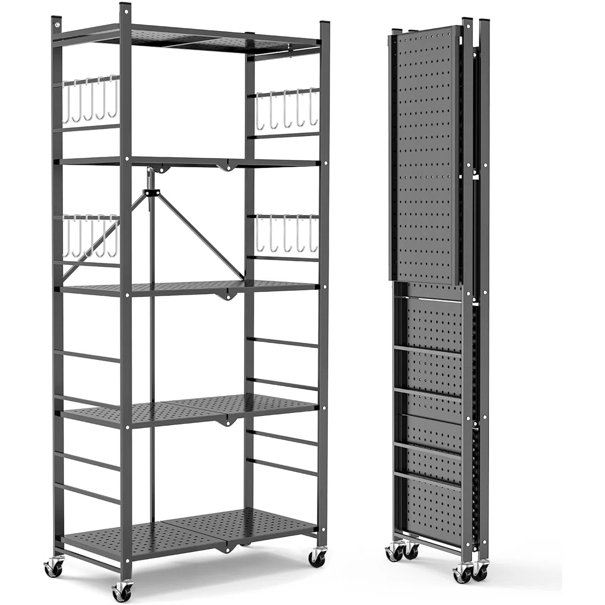 Kitchen Rack: 5-tier Collapsible Organization Storage Shelves with 20 Hooks Bookshelf Rack with Folding Pantry Shelves Cube Shelf Wire Shelving for Garage Kitchen Room
